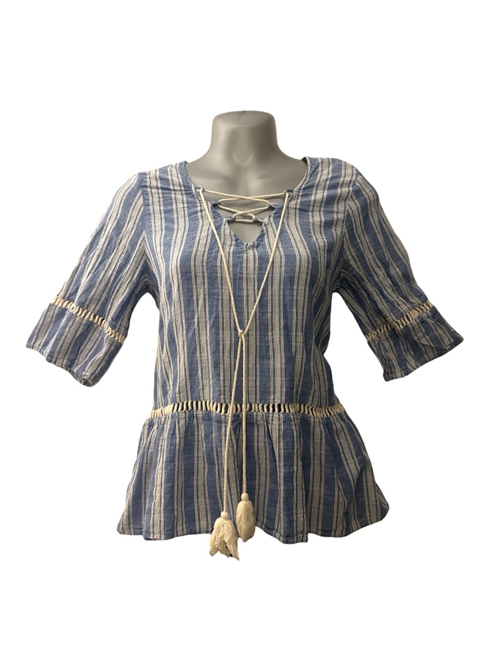 Blue and White Striped Lace-Up Blouse